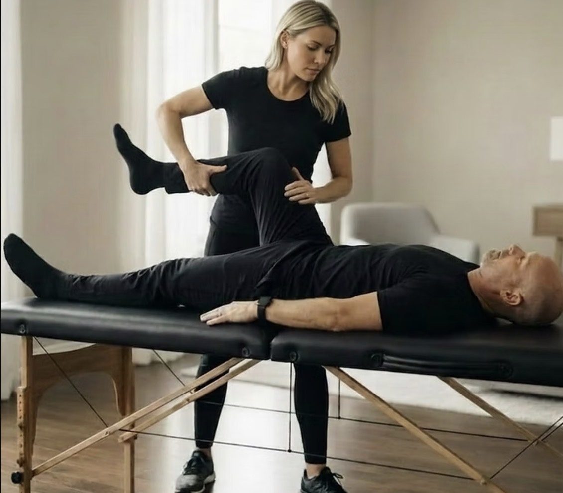 A stretch therapist guiding a client through a hamstring stretch on a table in his living room